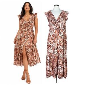 Anthropologie | Peregrine Orange Paisley Print Smocked Plus Size Midi Dress 2X